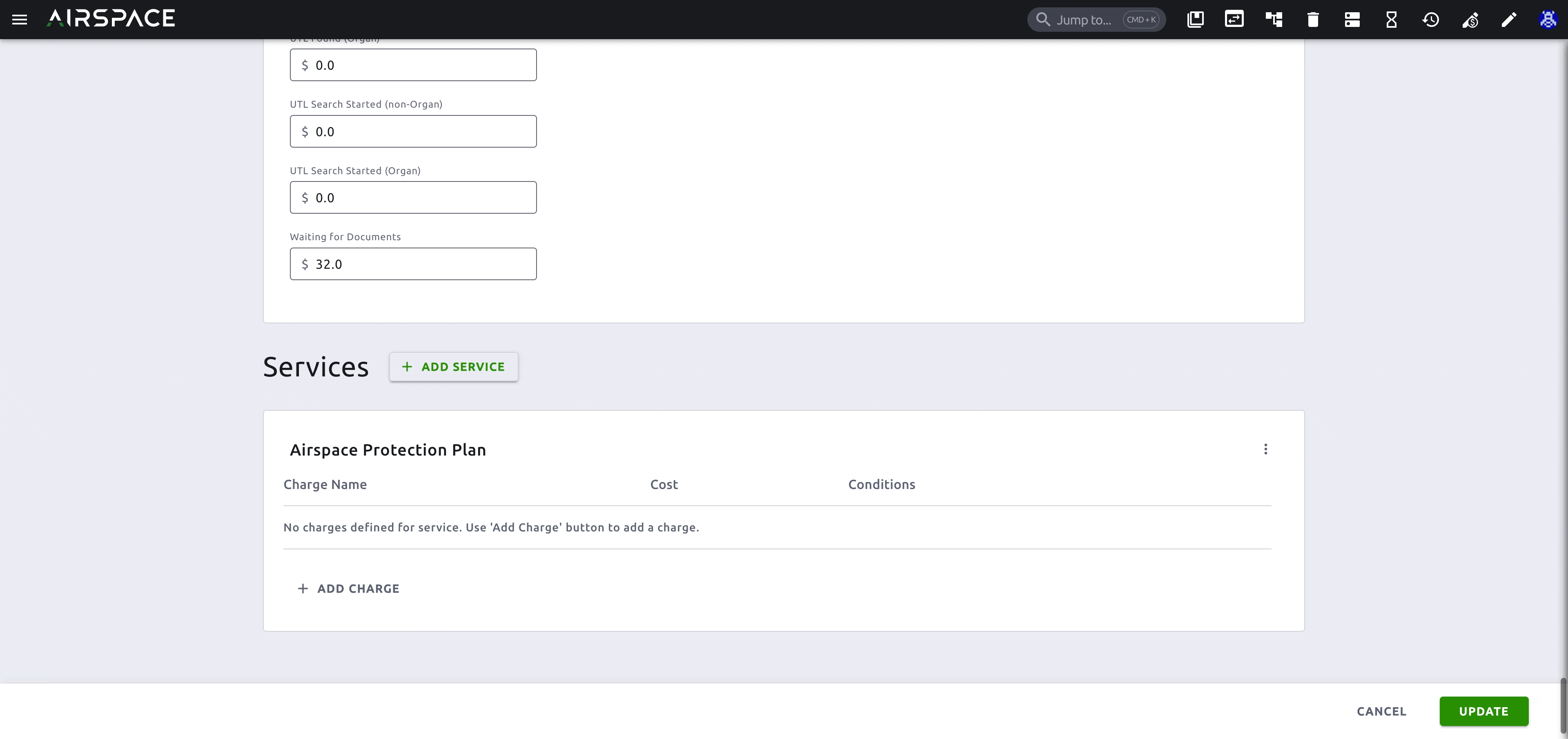 Recording of configuring charges for a service