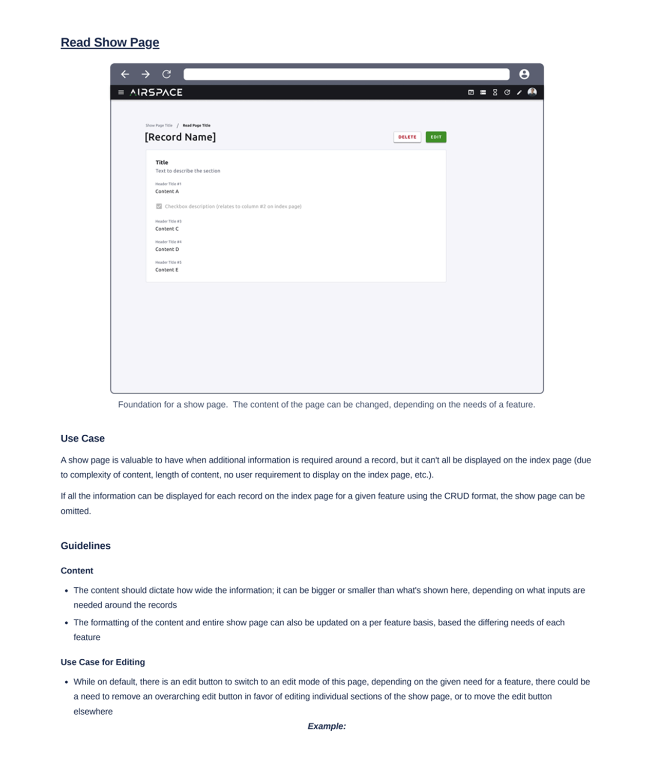 Usage guidelines documenting the Read Show page and its use cases