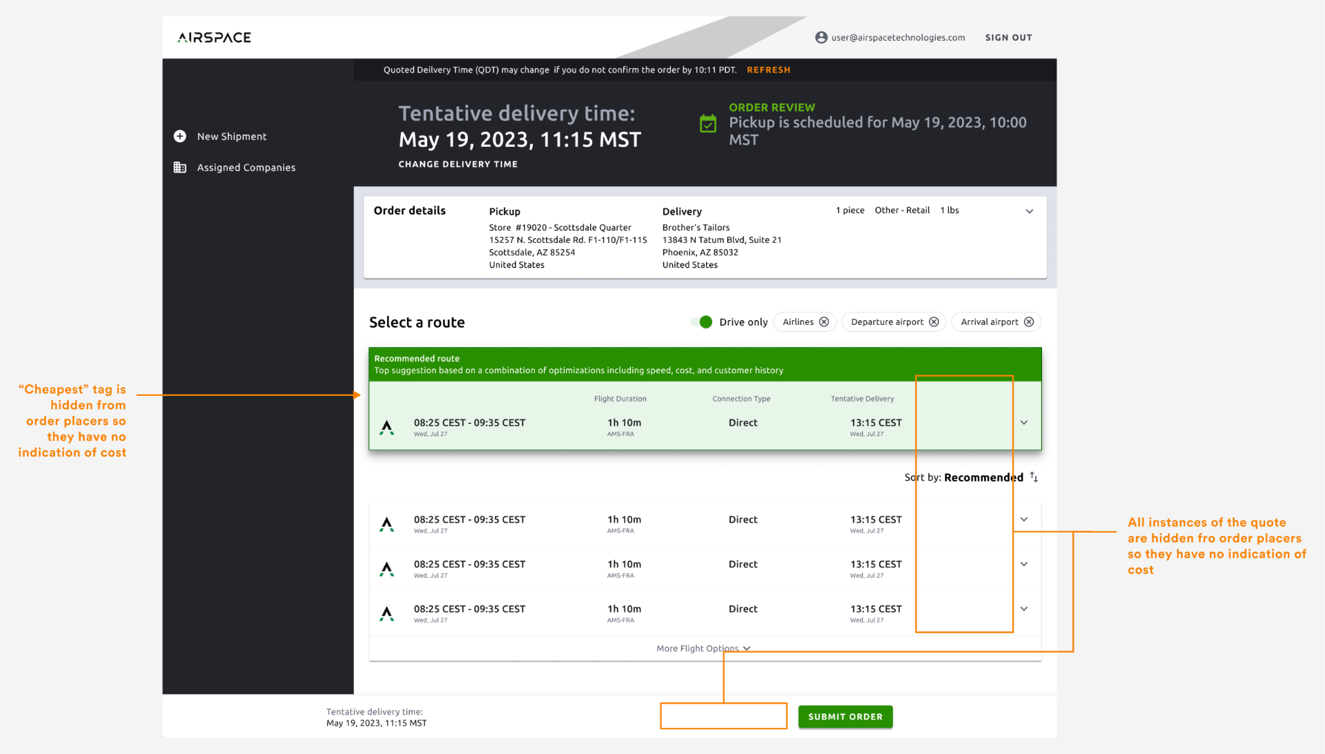 Pricing hidden from order placers during order creation
