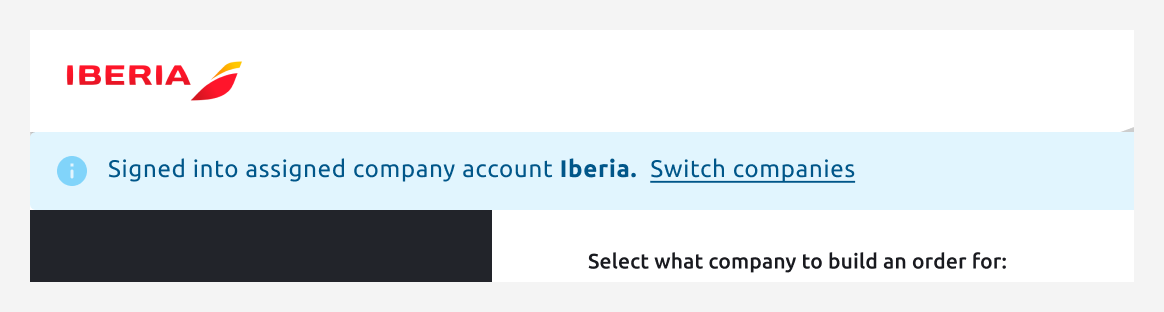 Persistent banner showing the currently signed-in company account