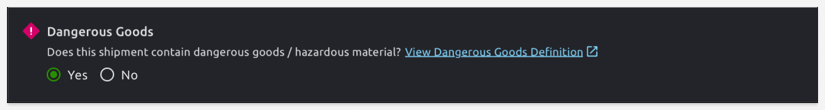 Dangerous goods declaration banner during order entry