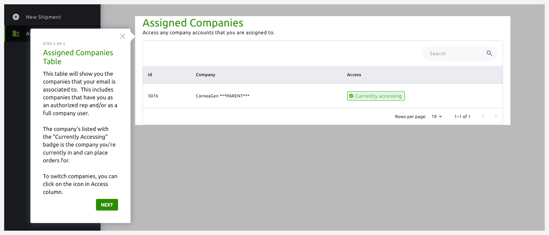 Assigned companies page for switching between company accounts