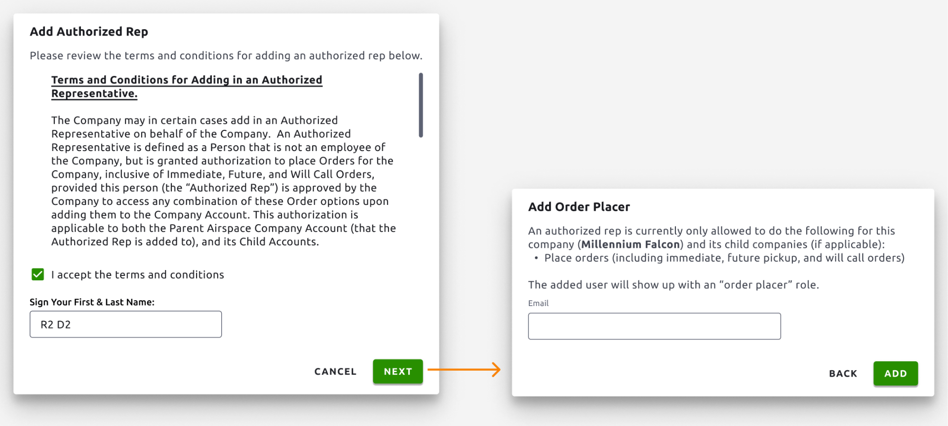 Add order placer flow with legal terminology and role permissions