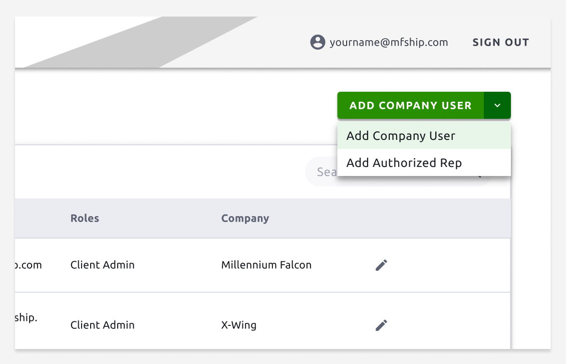 Split button separating authorized rep roles from standard company users